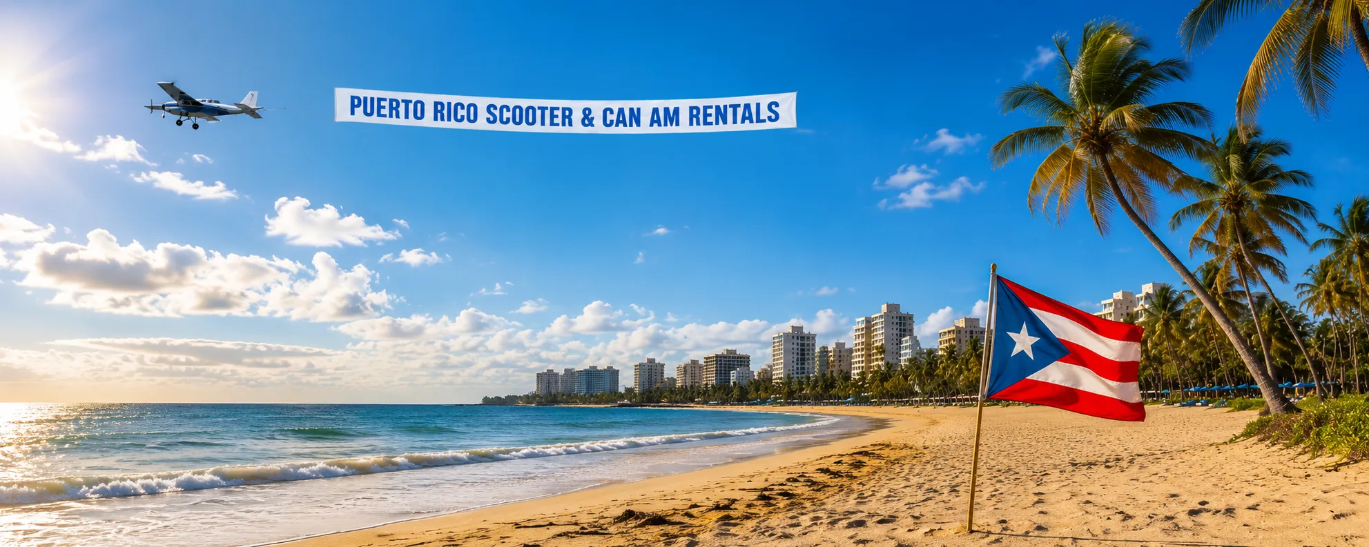 Isla Verde Beach in Puerto Rico featuring palm trees, a Puerto Rican flag, ocean views, and a plane flying overhead with a Puerto Rico Scooter & Can Am Rentals banner.