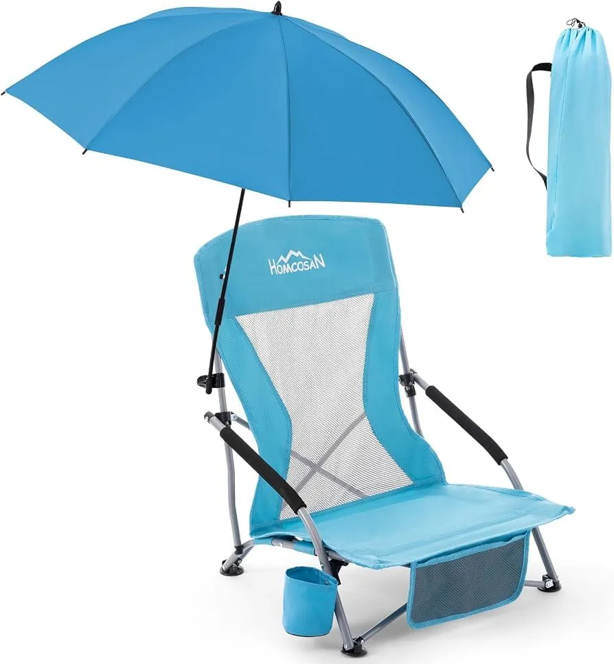 Portable Folding Beach Chair with Umbrella, Low Profile