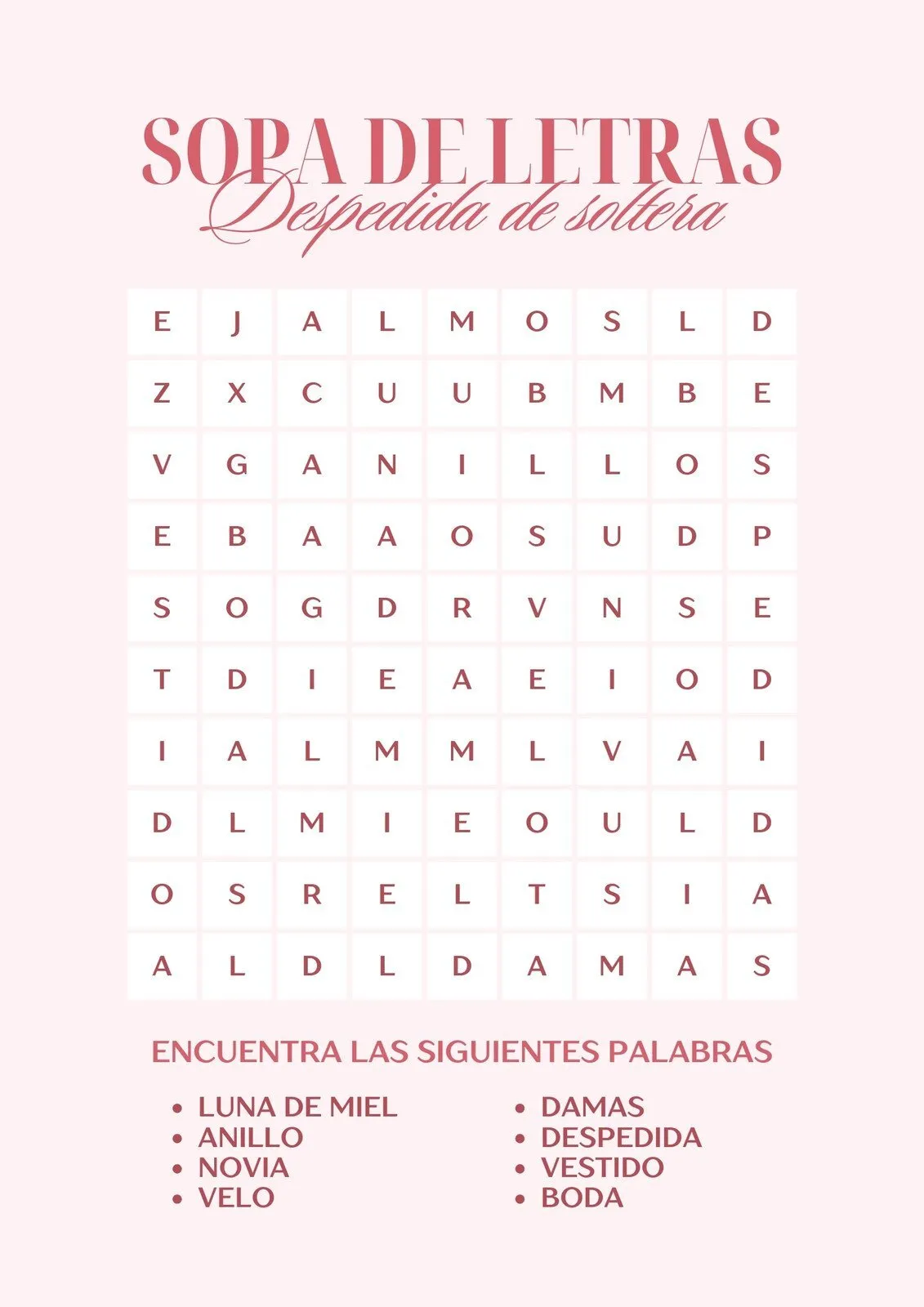 Sopa de letras despedida de soltera 