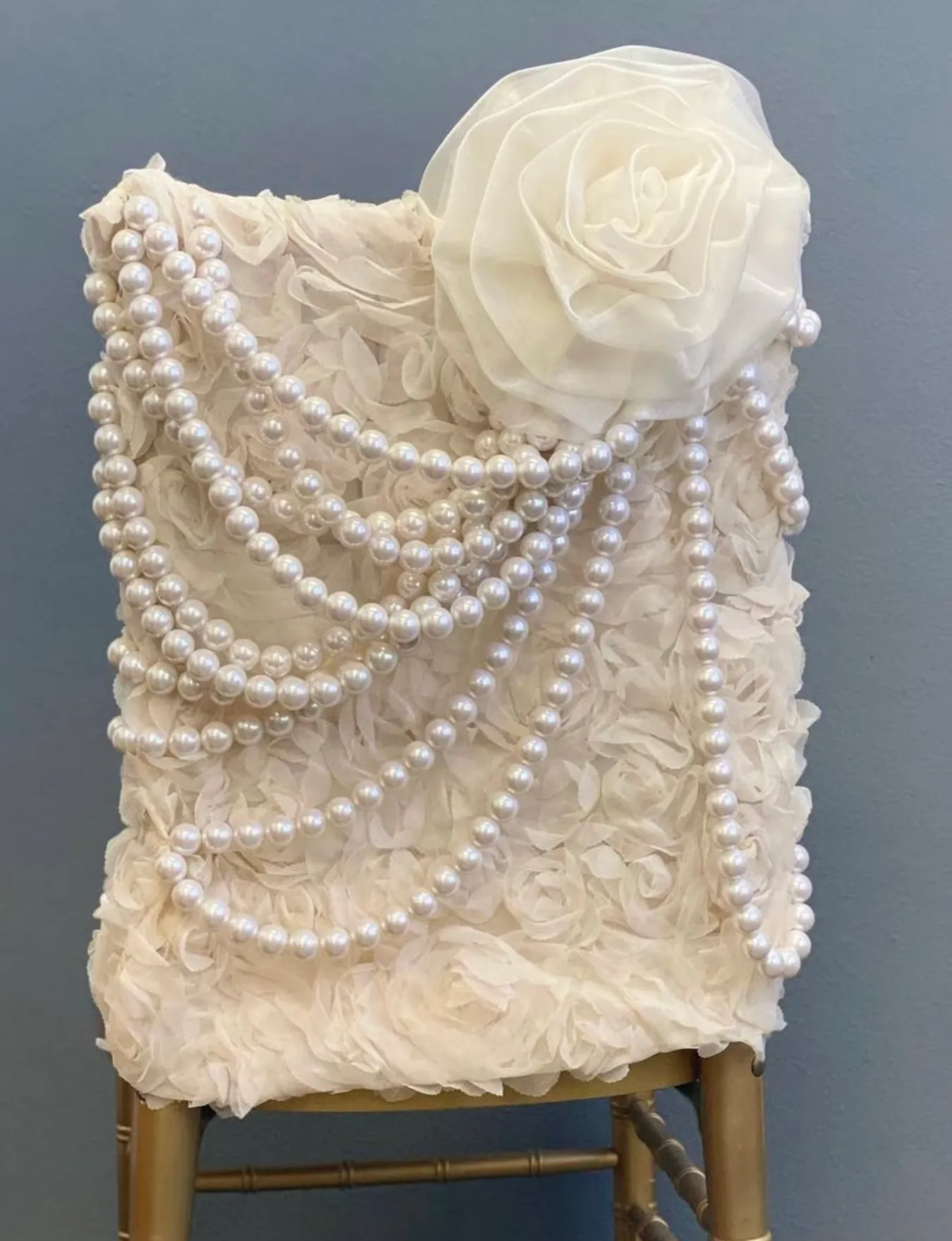 ROSETTE PEARL BRIDAL CHIAVARI CHAIR COVER