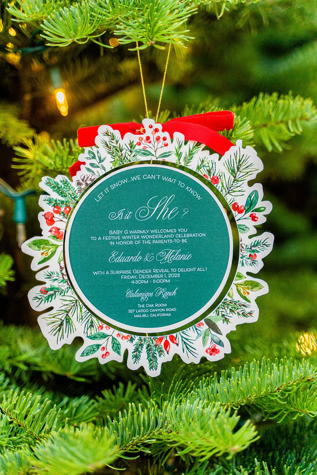 IS IT HE OR SHE? HOLIDAY GENDER REVEAL ORNAMENT INVITE