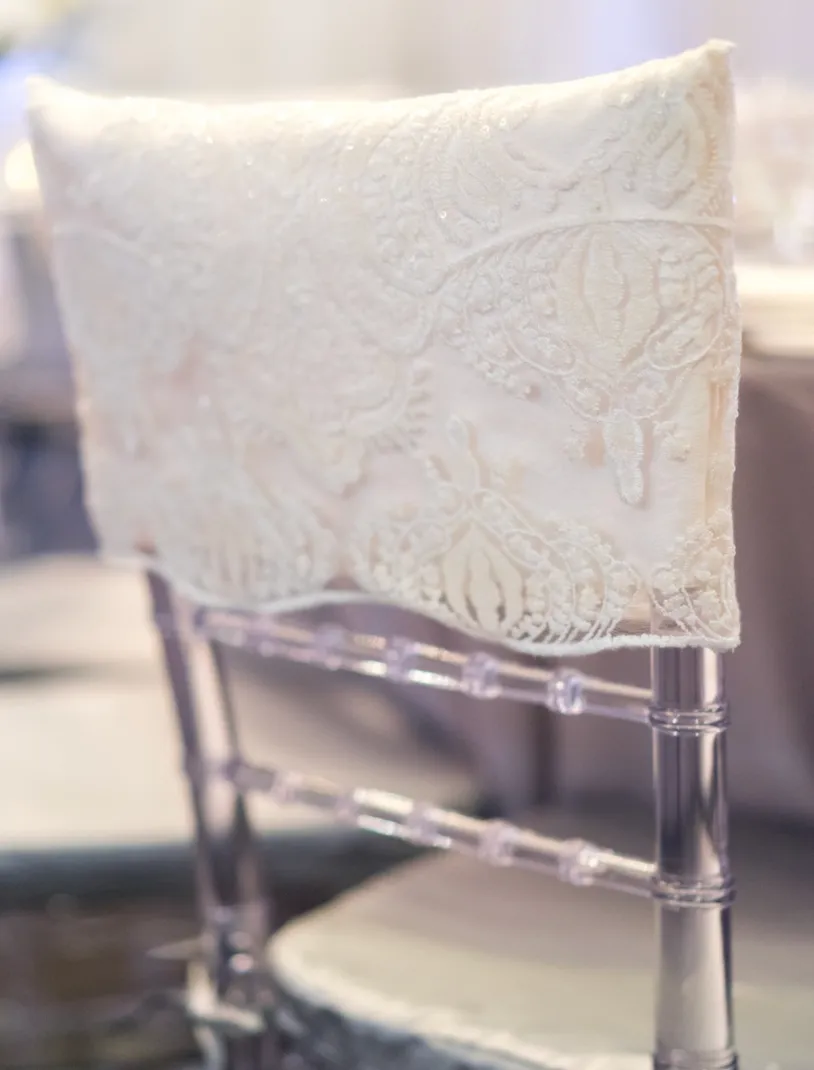 IVORY LACE SEQUINS CHIAVARI CHAIR CAP