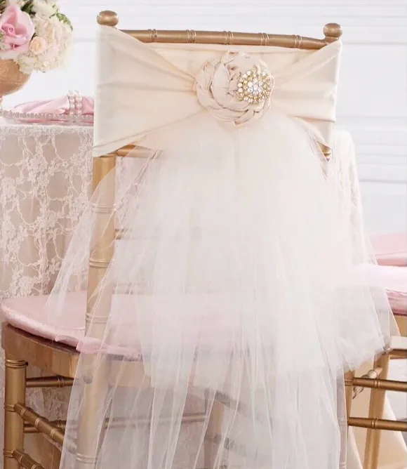 WHITE / IVORY CHIAVARI CHAIR DECOR WITH SPARKLING BROOCH ROSETTE AND TULLE