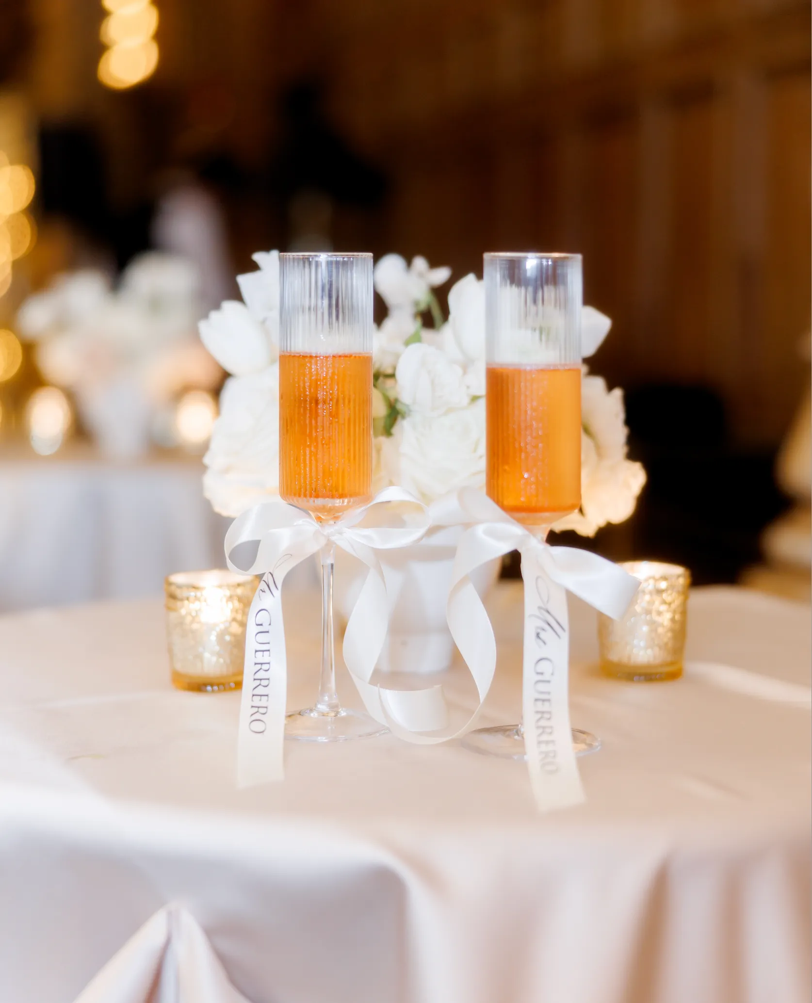 CUSTOM CHAMPAGNE GLASS RIBBON DECOR