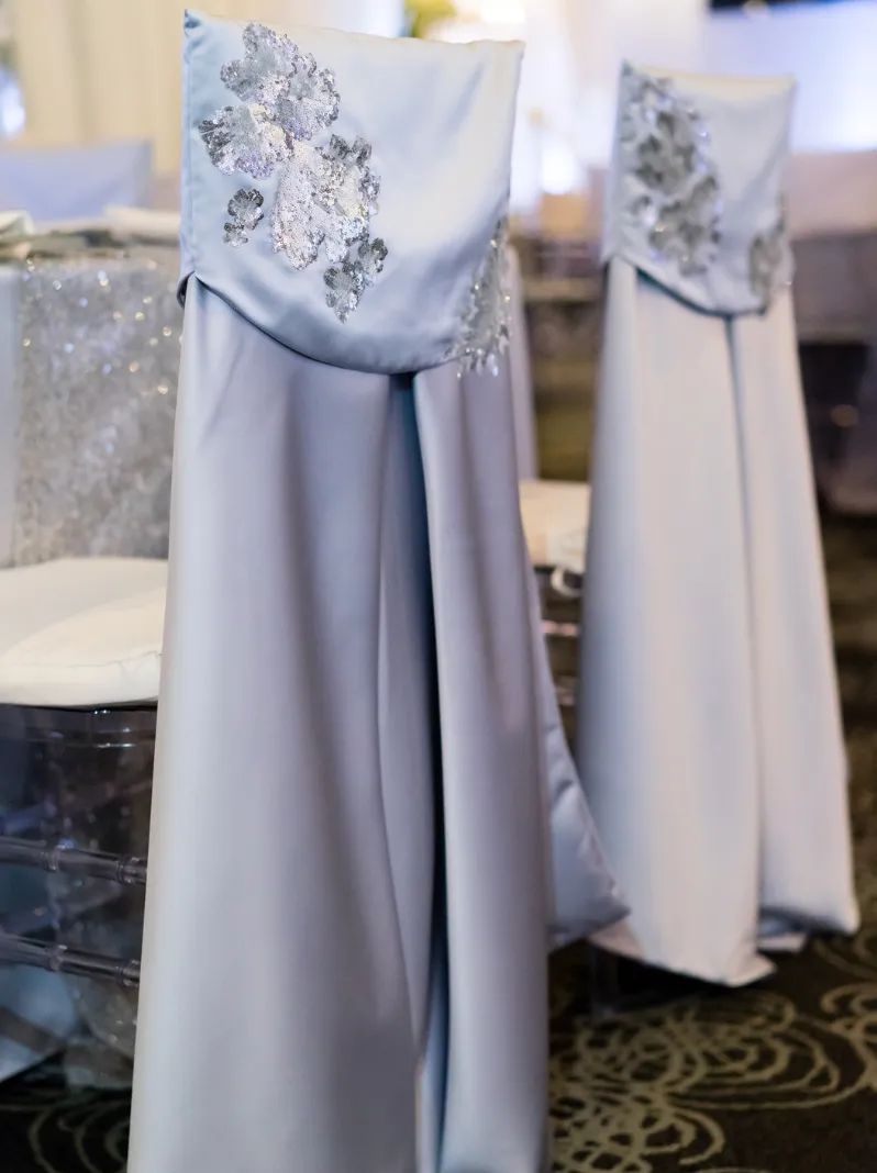 LAMOUR SILVER CHIAVARI CHAIR COVER WITH SEQUINS APPLIQUÉ