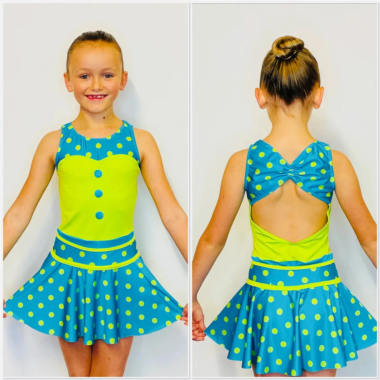 BL007 - GREEN/BLUE SPOTTY SKIRT/UNITARD