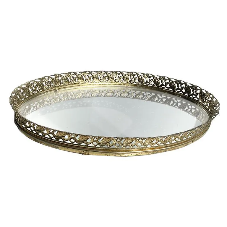 Oval Gold Trim Mirror Tray