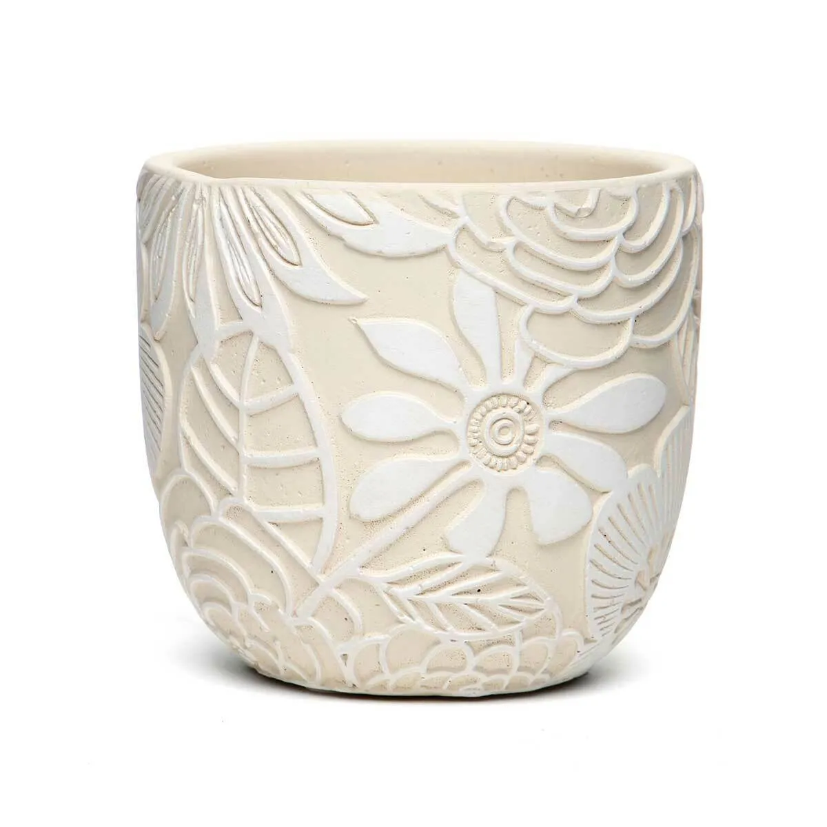 Green/White Floral Motif Terra Cotta Pot