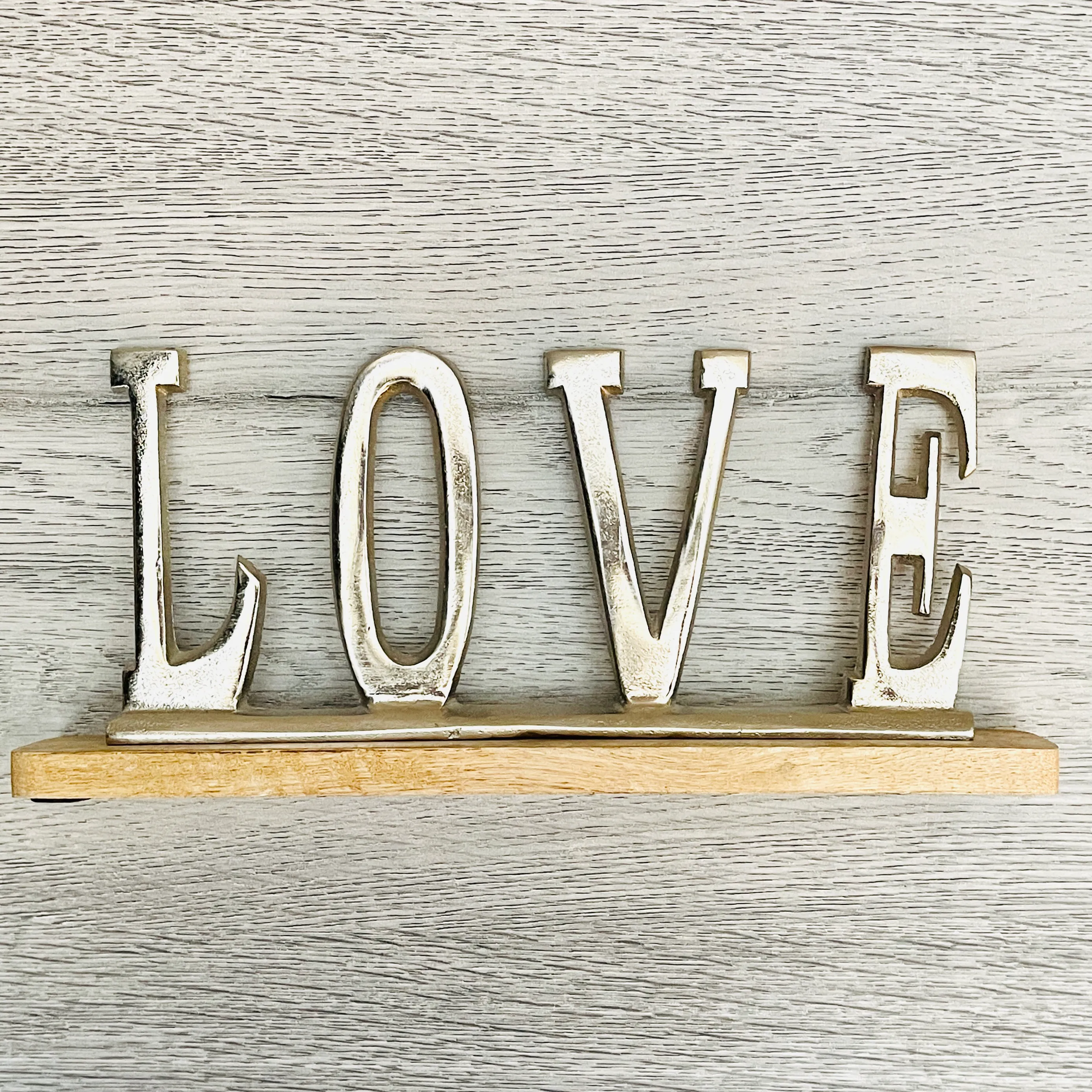 LOVE - Silver Metal on Wood Base