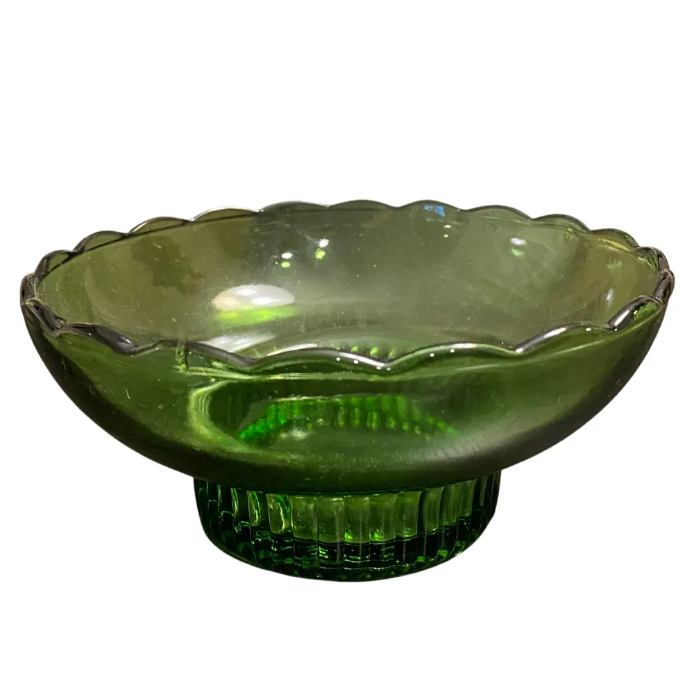 Vintage Green Compote Vase - Ribbed Pedestal