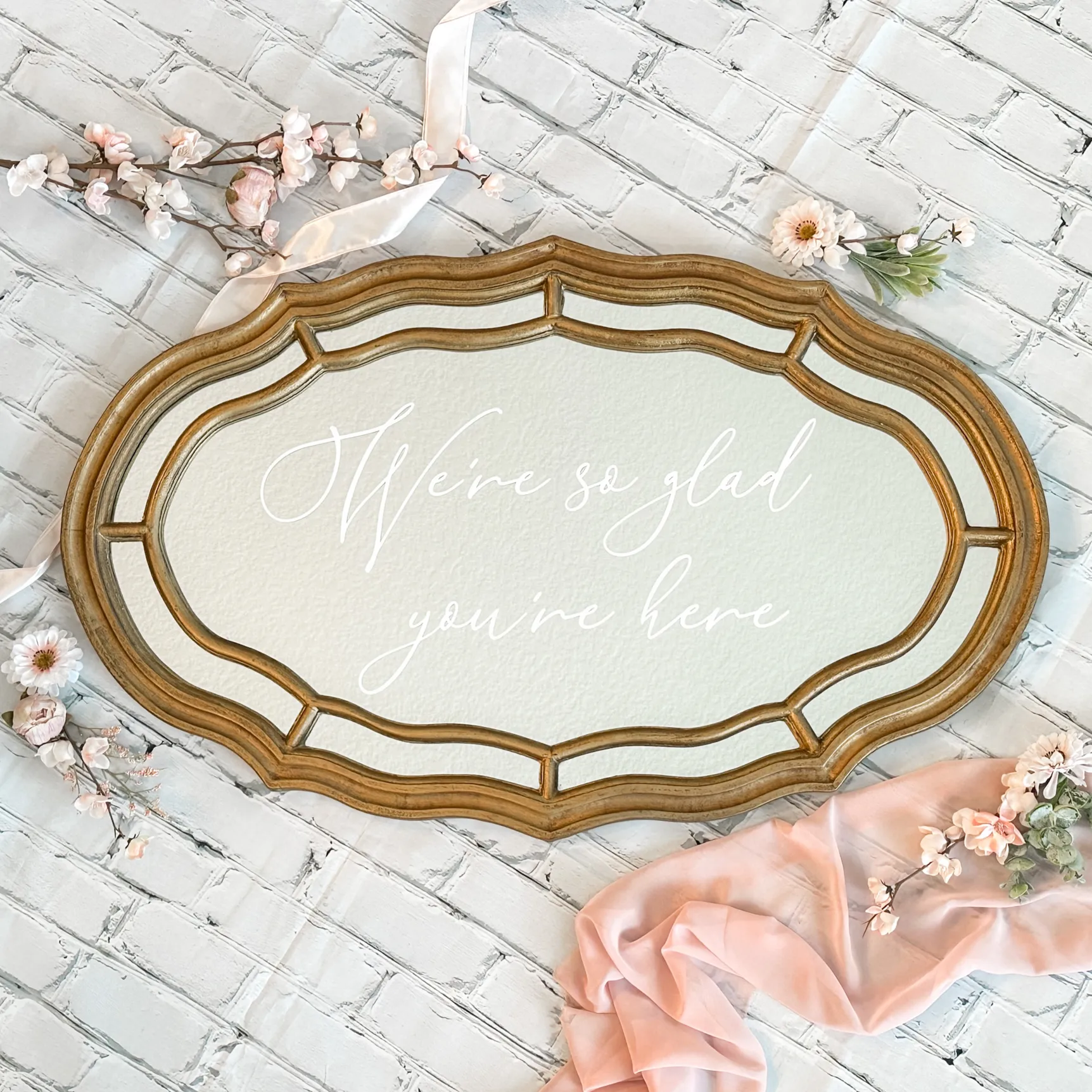 We're So Glad You're Here - Oval Gold Mirror Sign