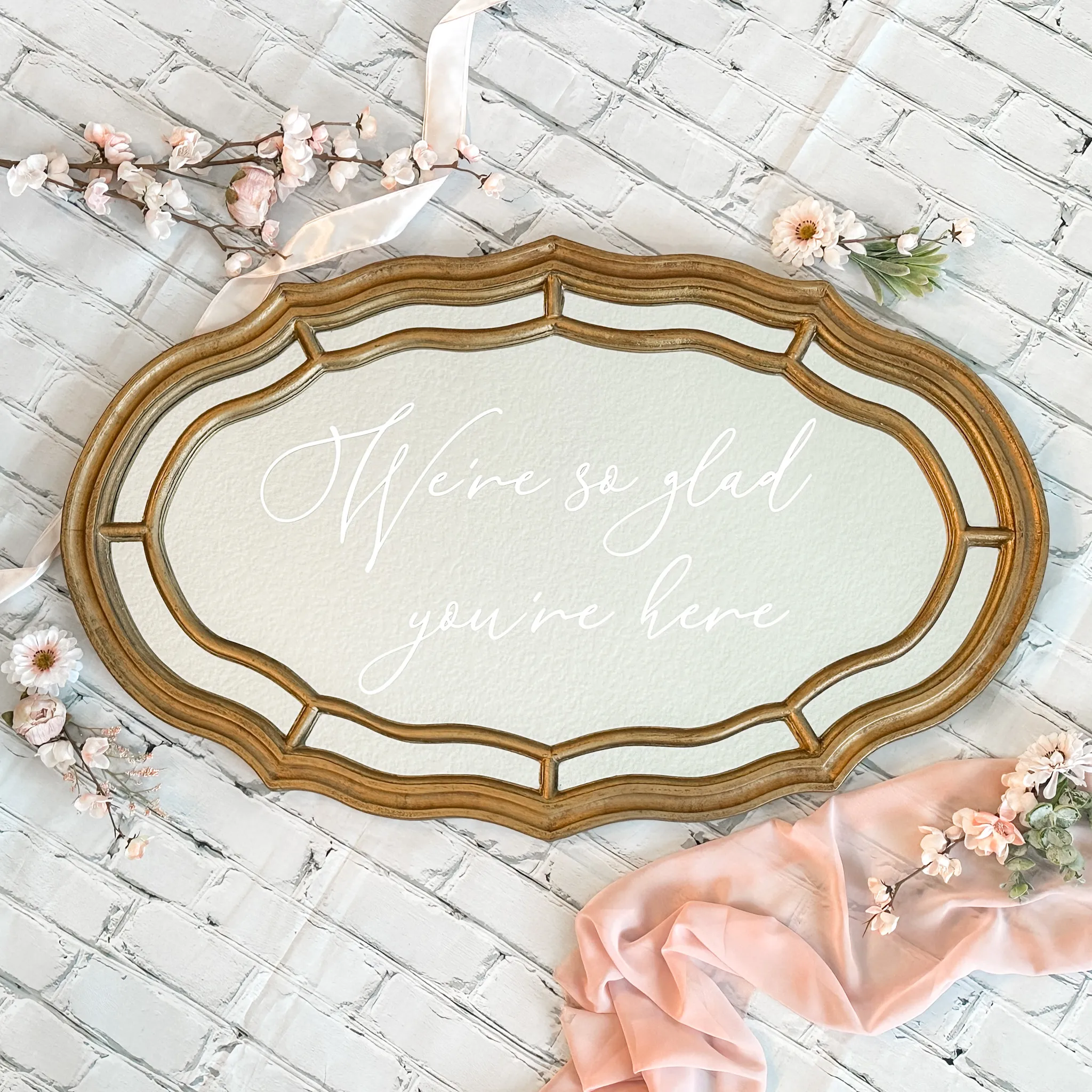 We're So Glad You're Here - Oval Gold Mirror Sign