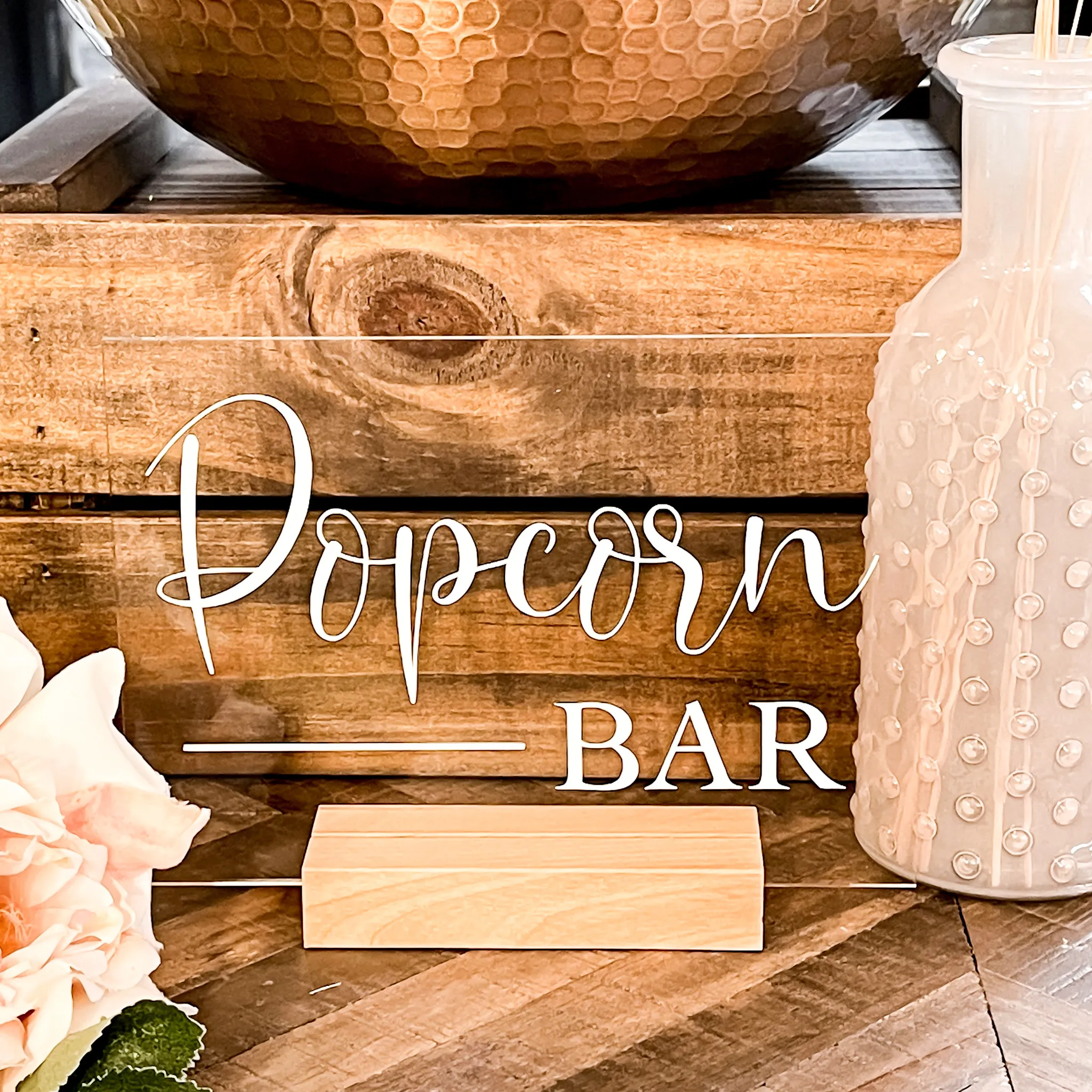 Popcorn Bar Acrylic Sign - Wood Base