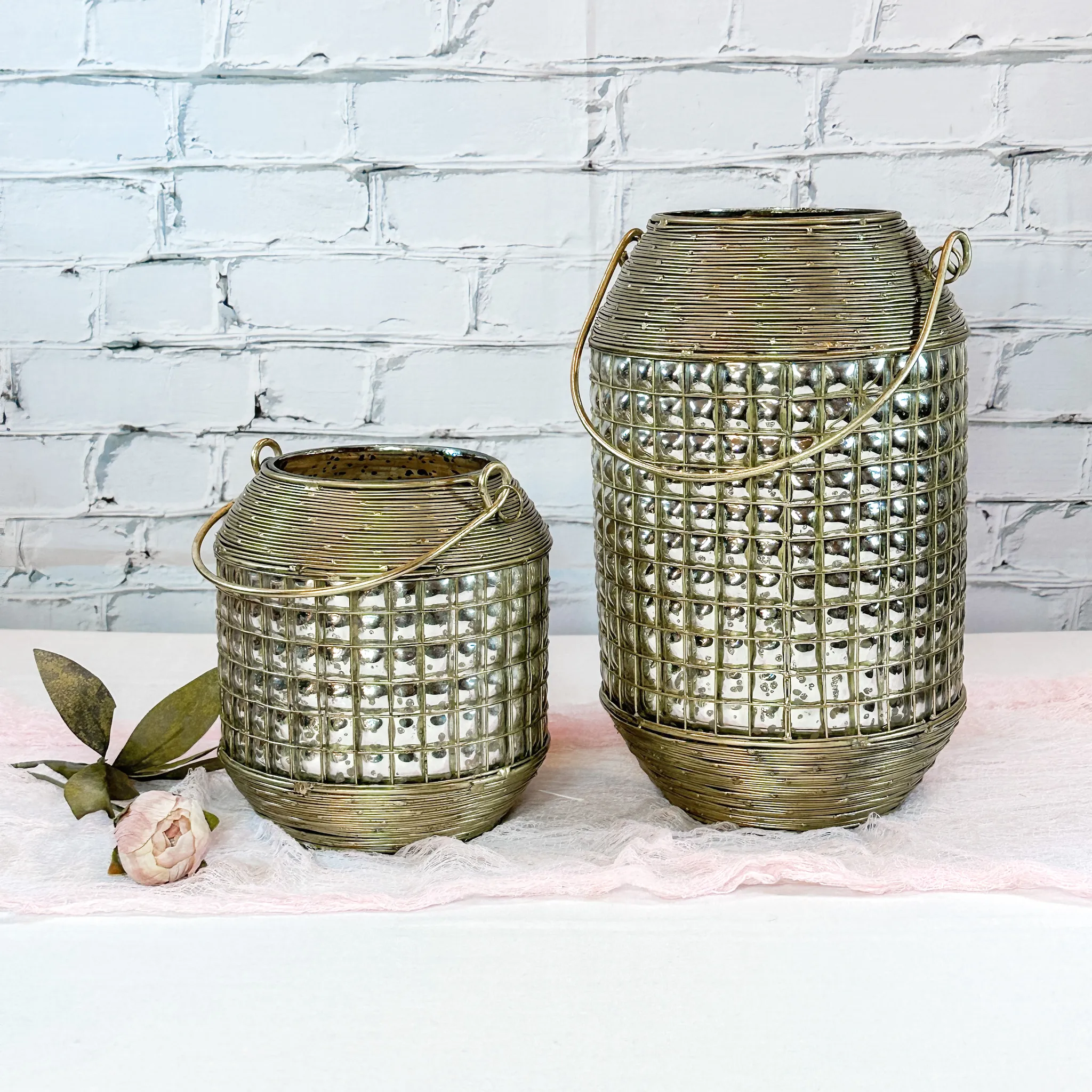 Gold Mercury Glass Lanterns Pair 