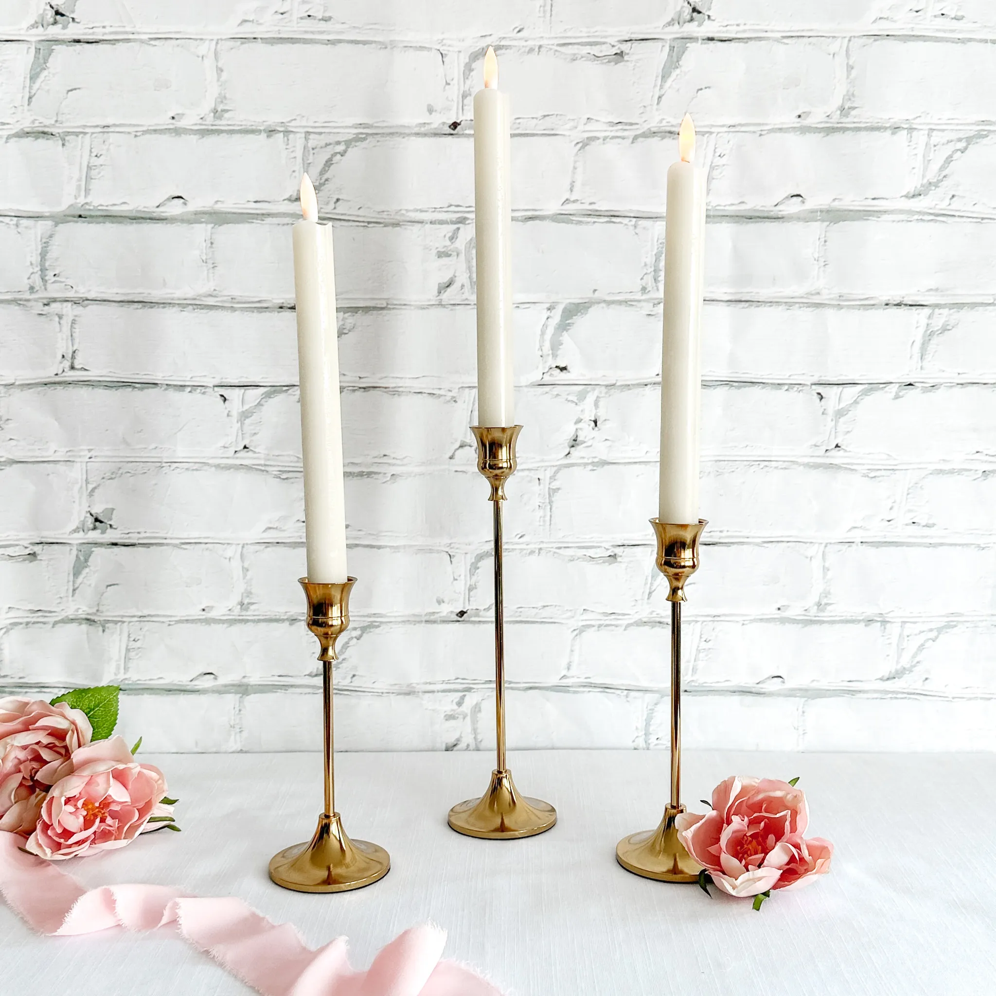 Gold Candlestick & Wax LED Taper Trio