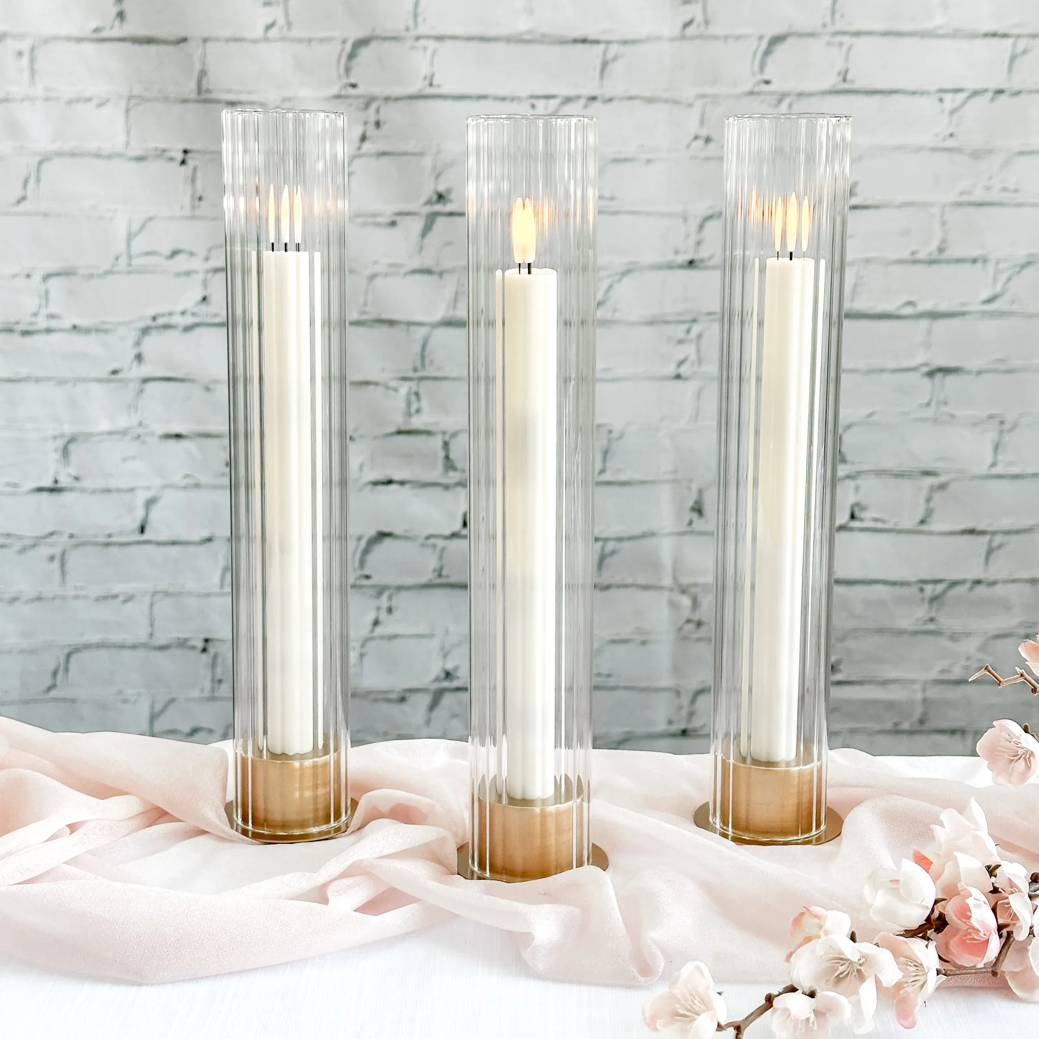 Ribbed Glass & Gold Candleholder With LED Candle