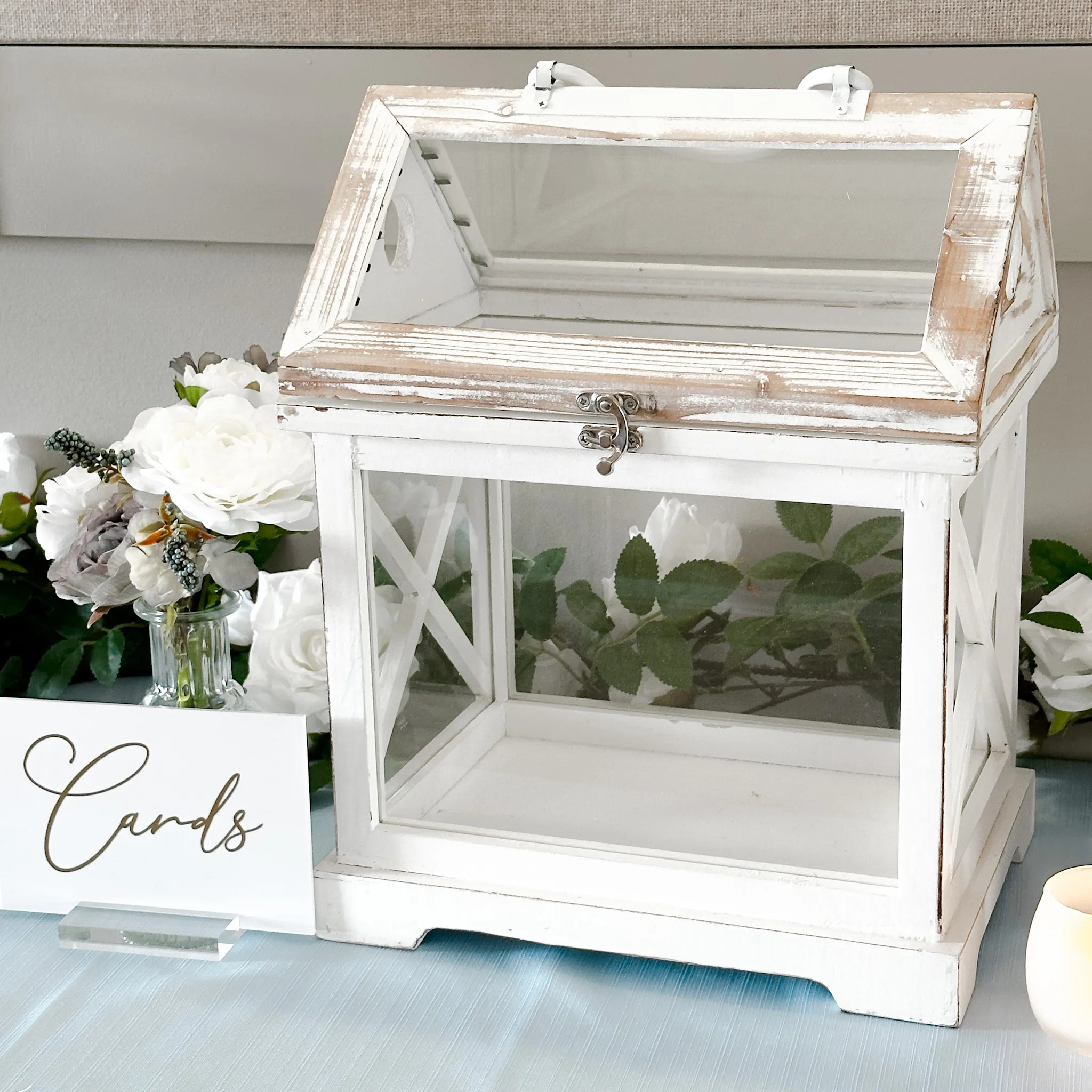 Card Box - White Wood & Glass