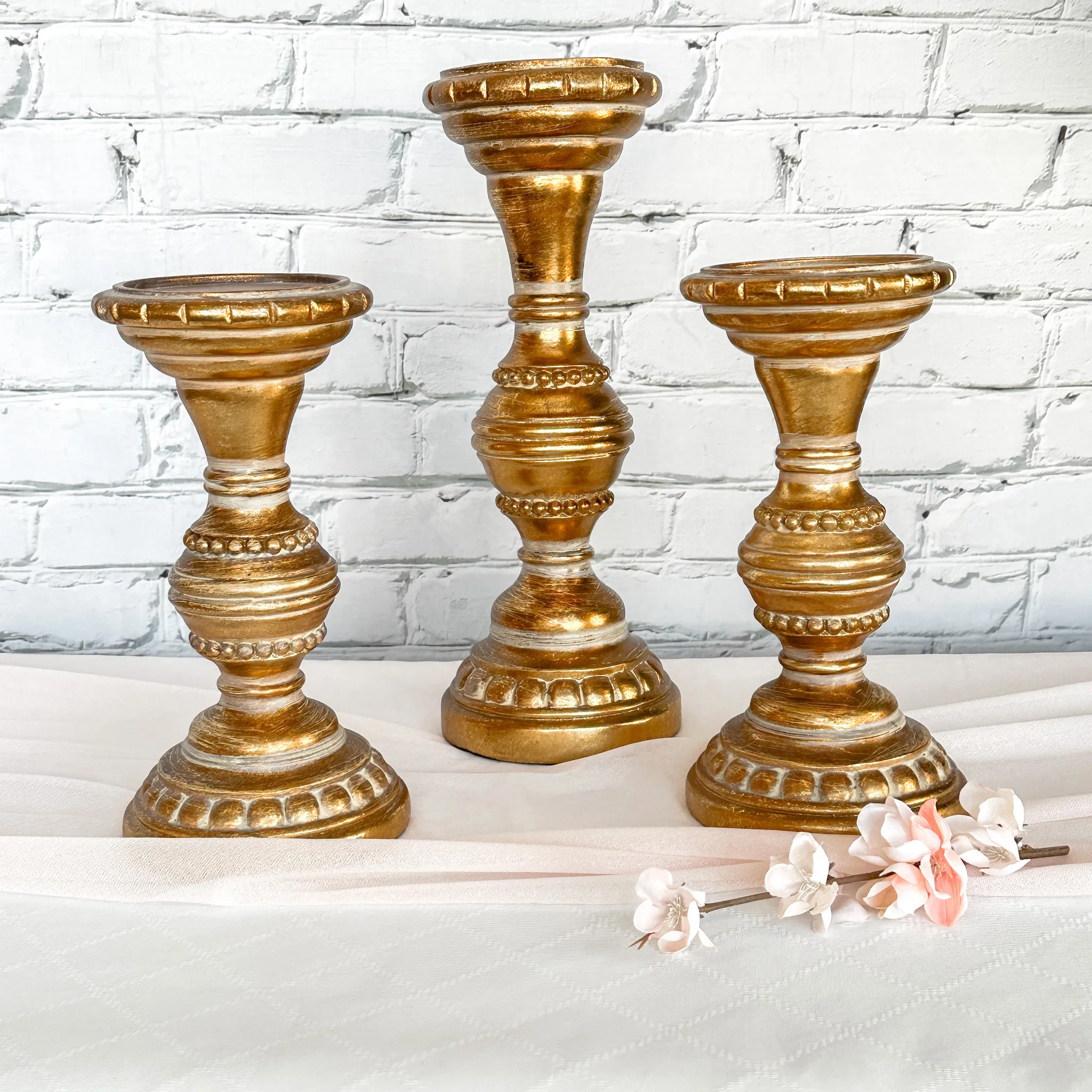 Gold Wood Candle Holder - Large Set