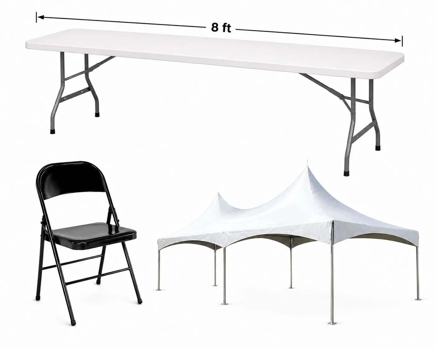 50 Person Seating - 8 ft. Long Table/Black + Tent
