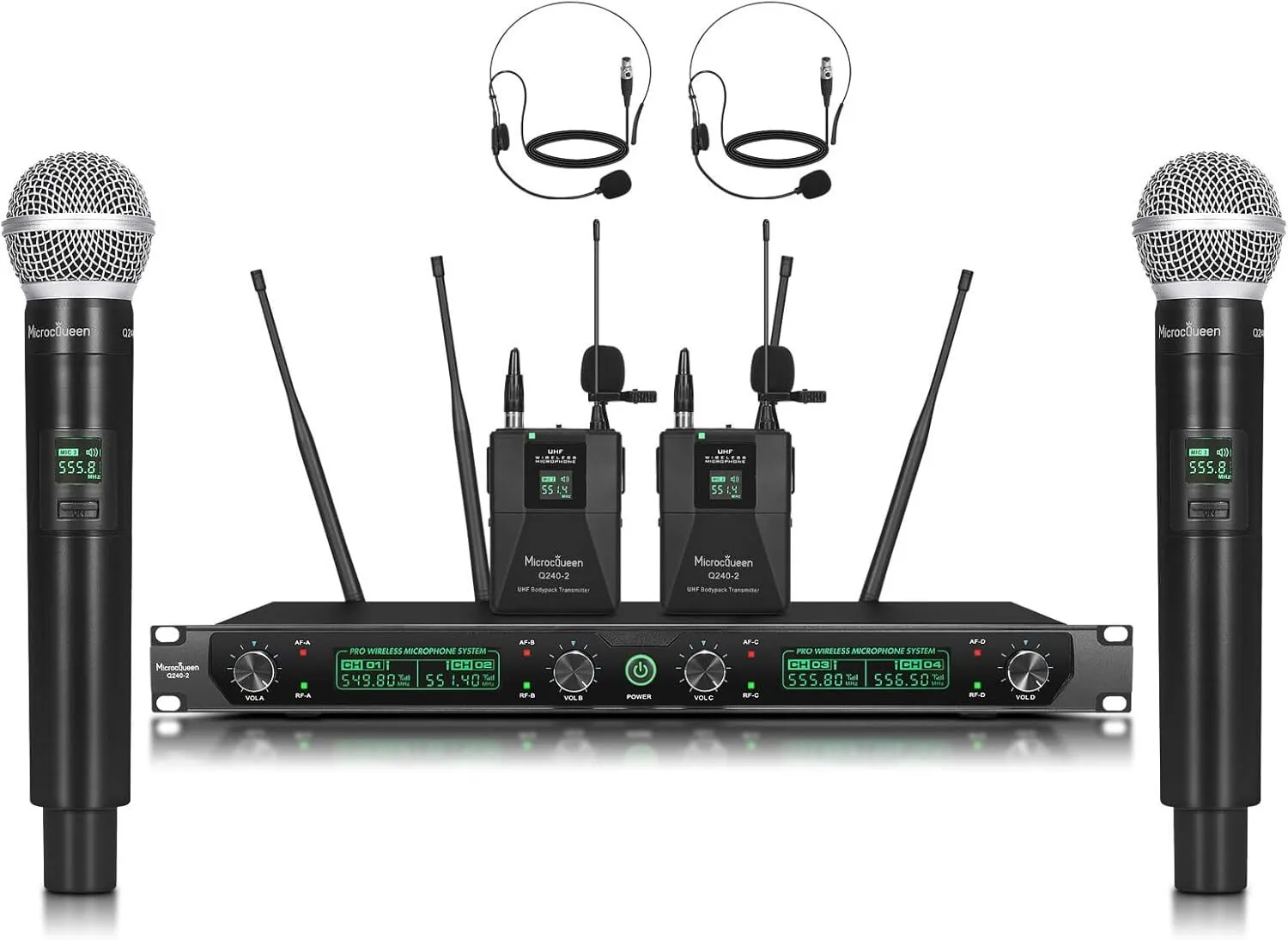 Wireless Microphone System 2 Handheld + 2 Bodypack