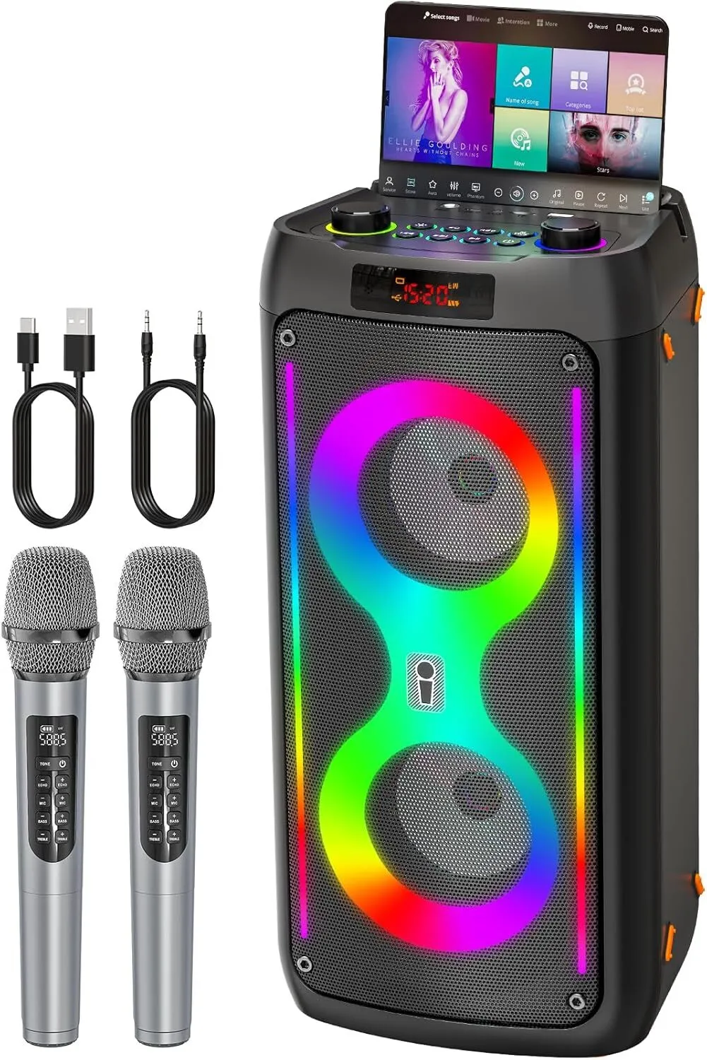 Portable Karaoke Machine w/2 Wireless Microphones & LED Lights