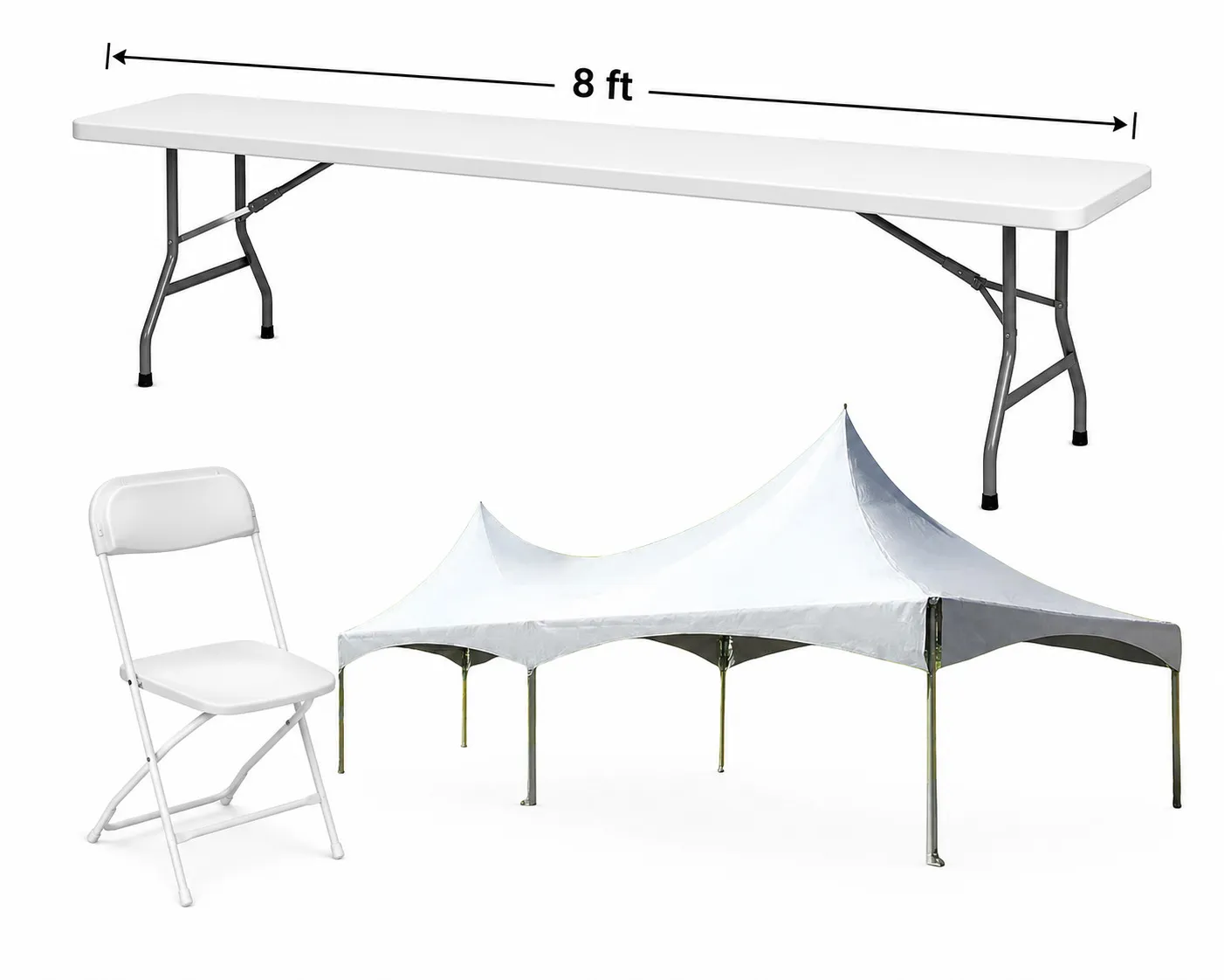 100 Person Seating - 8 ft. Long Table/White + Tent
