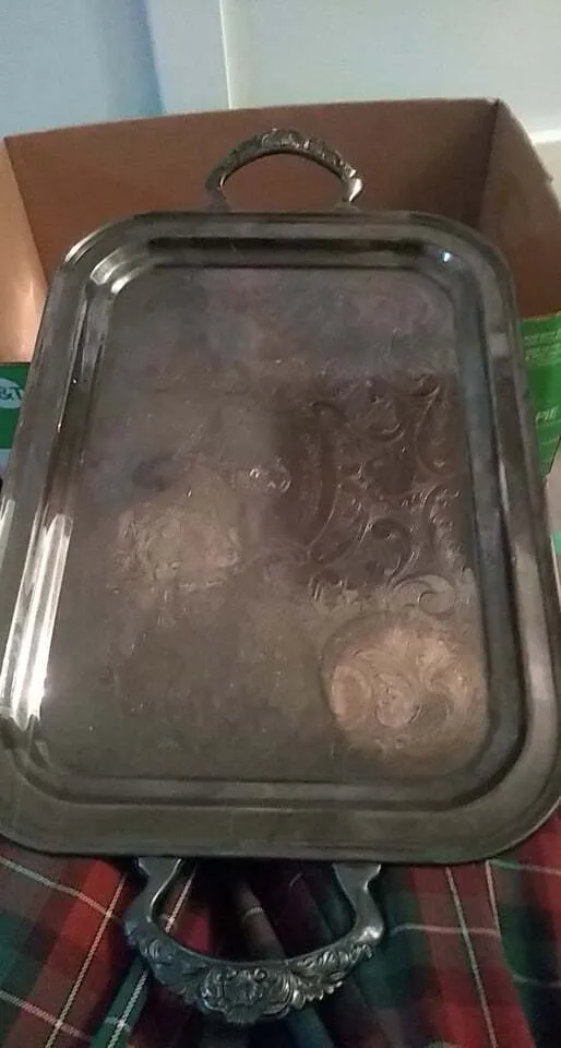 Tarnished large silver serving platter with handles