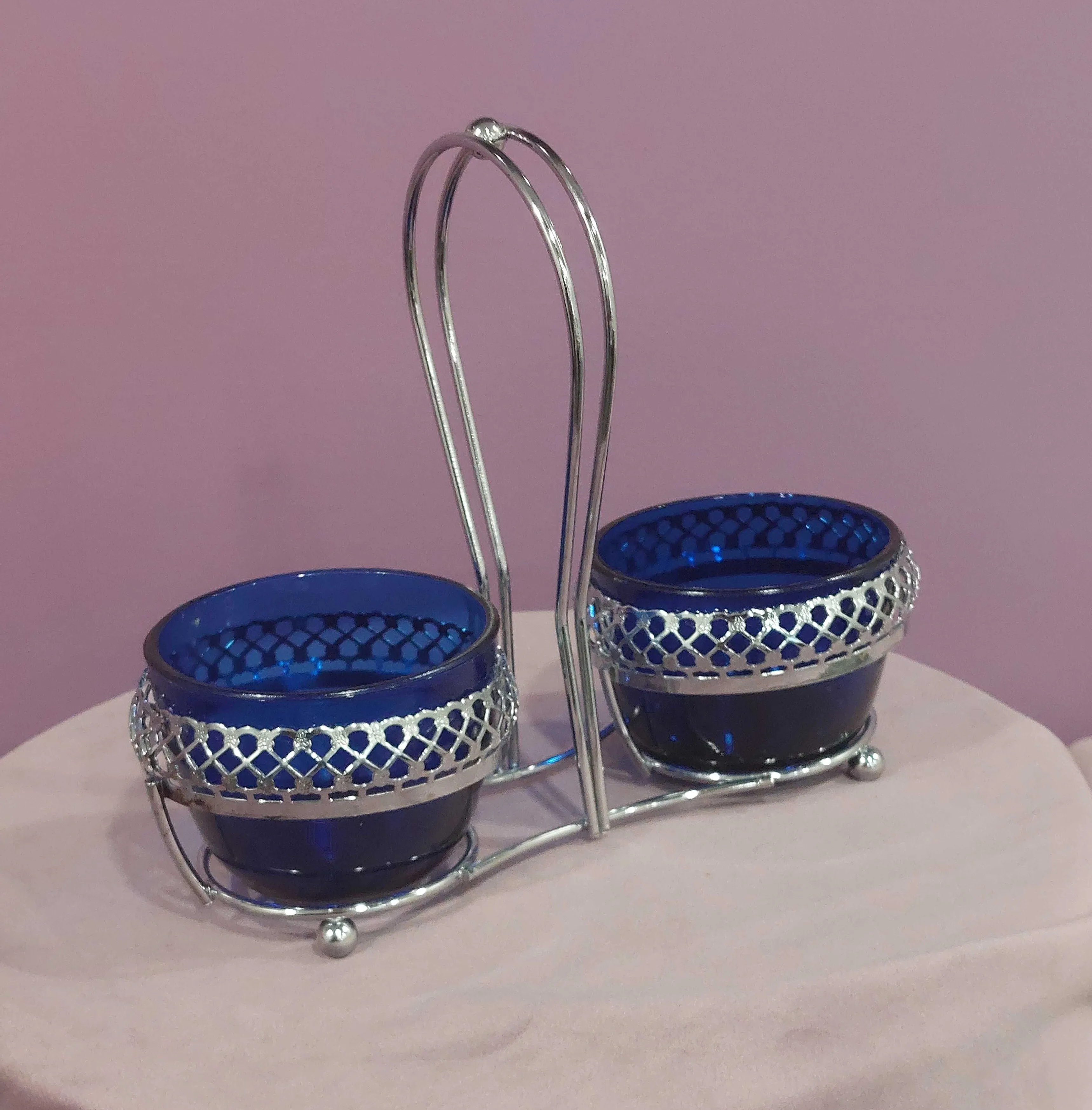 Vintage Cobalt Blue Queen Anne Double Condiment Bowls w/ silver holder