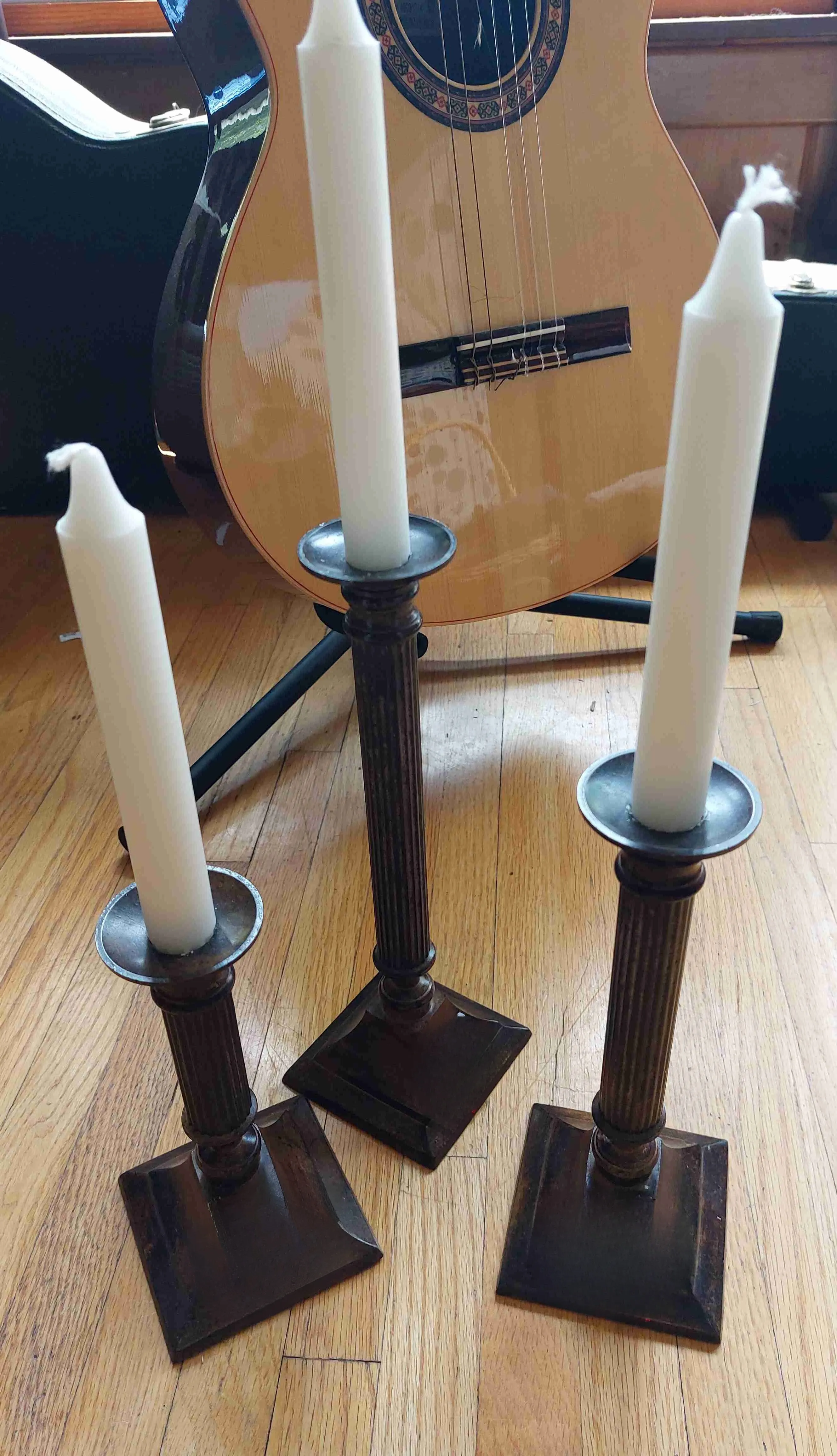 3 Roman pillar style Candlestick Holders (metal) - matching set