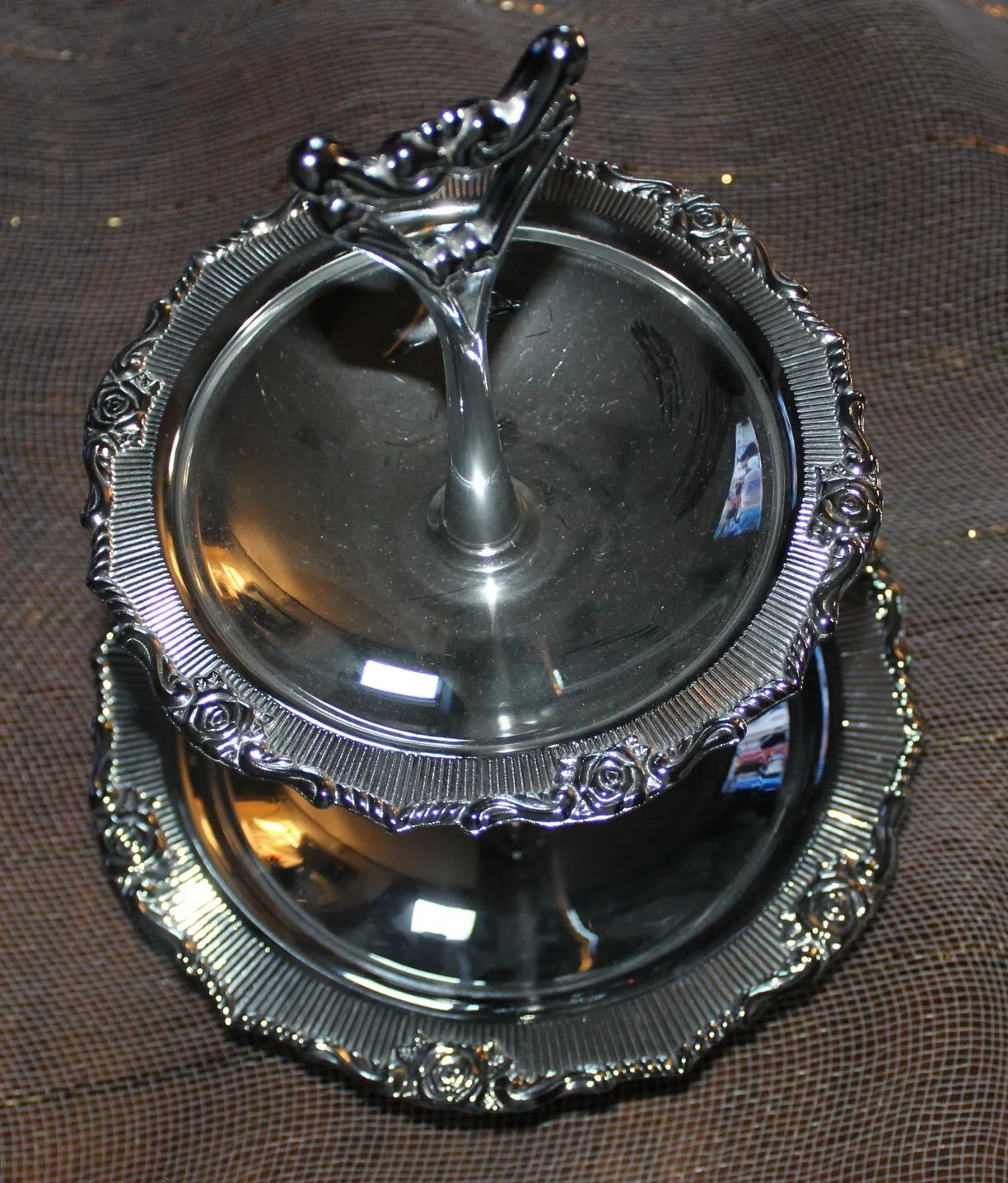 2 tiered silver tray with ornate edge