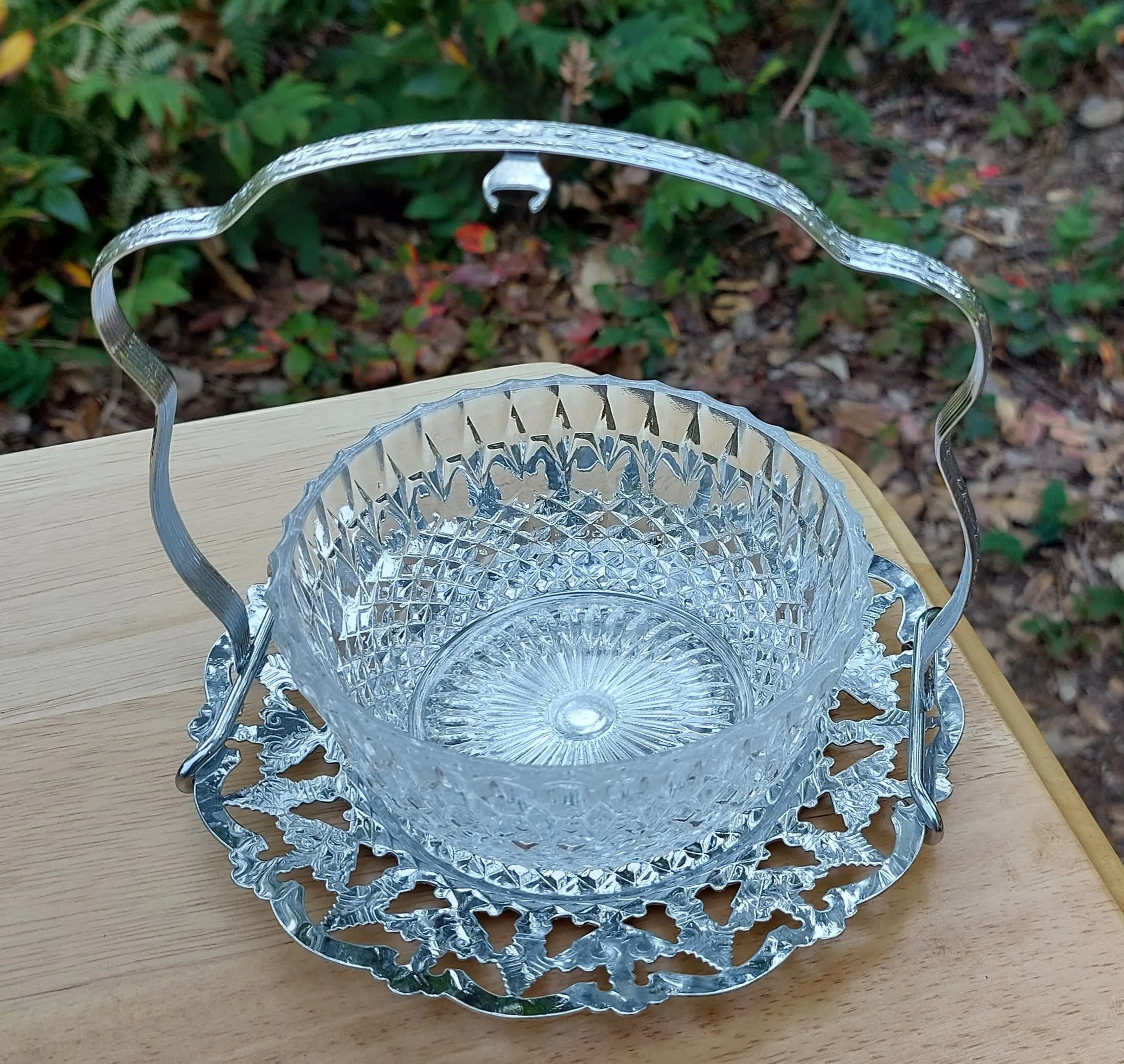 Small vintage silver tray with handle and crystal dish