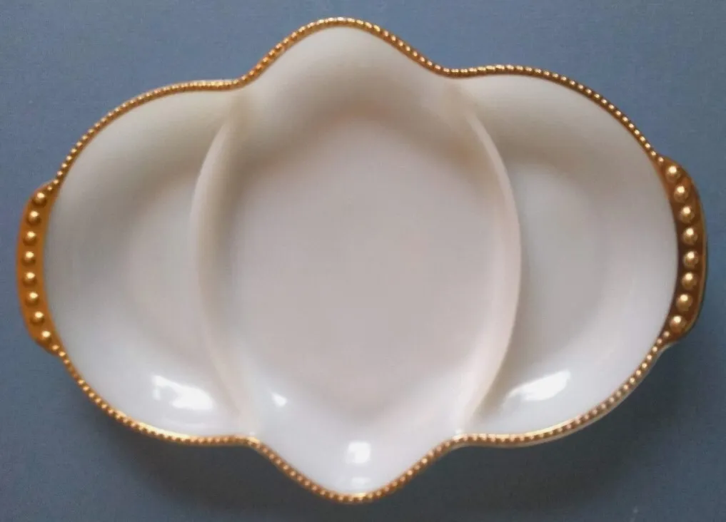 Vintage Milk Glass Divided Dish with Beaded Gold Edge