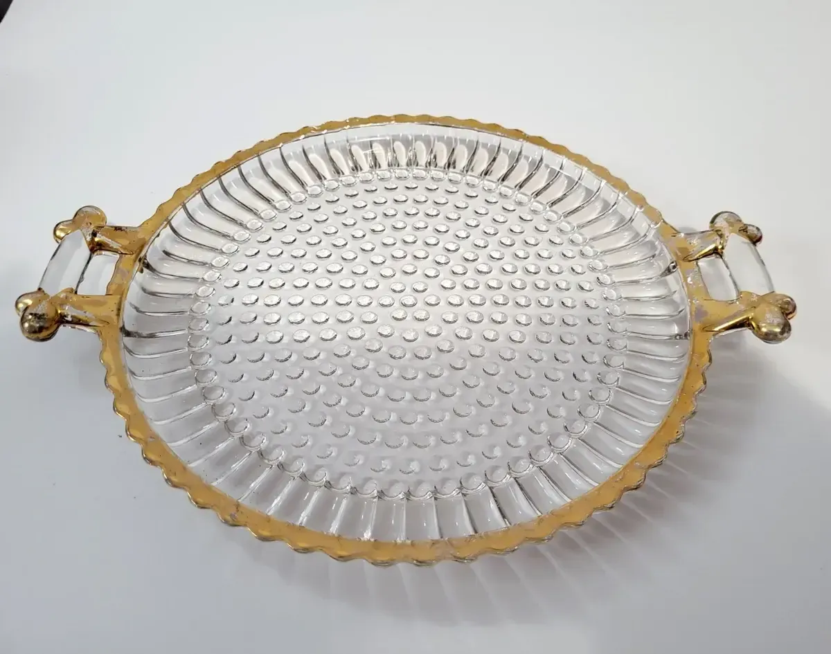 Vintage Glass Hobnail Plate with Gold Rim and Handles