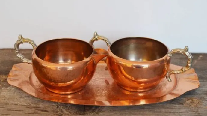 Copper Cream and Sugar with Tray