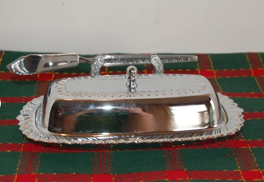 Vintage Chrome Butter Dish with Glass Insert and mounted knife