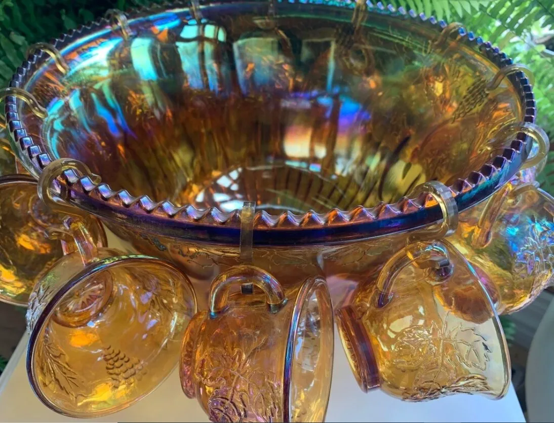 Amber Carnival Glass Punch Bowl w/cups - Iridescent