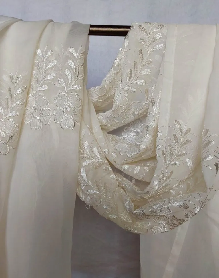 Champagne coloured sheers with embroidered flowers - email us directly if you wish to rent this product