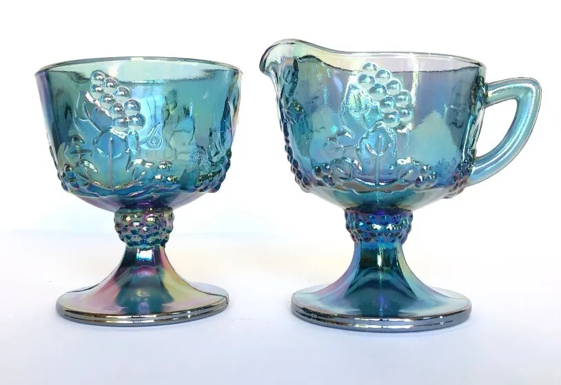 Vintage Blue Carnival Glass Cream and Sugar Set