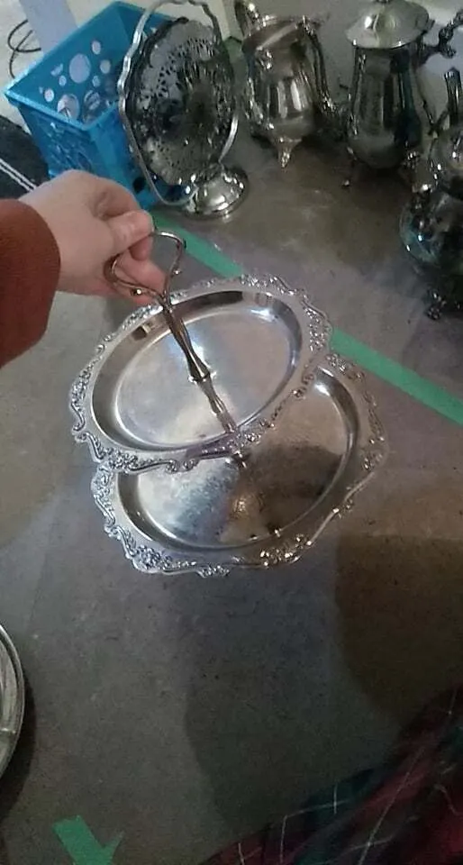 2 Tiered Silver Tray with embossed edges and handle - Vintage