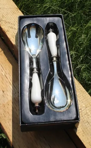 Porcelain Handle Serving Spoon and Fork - Vintage Set