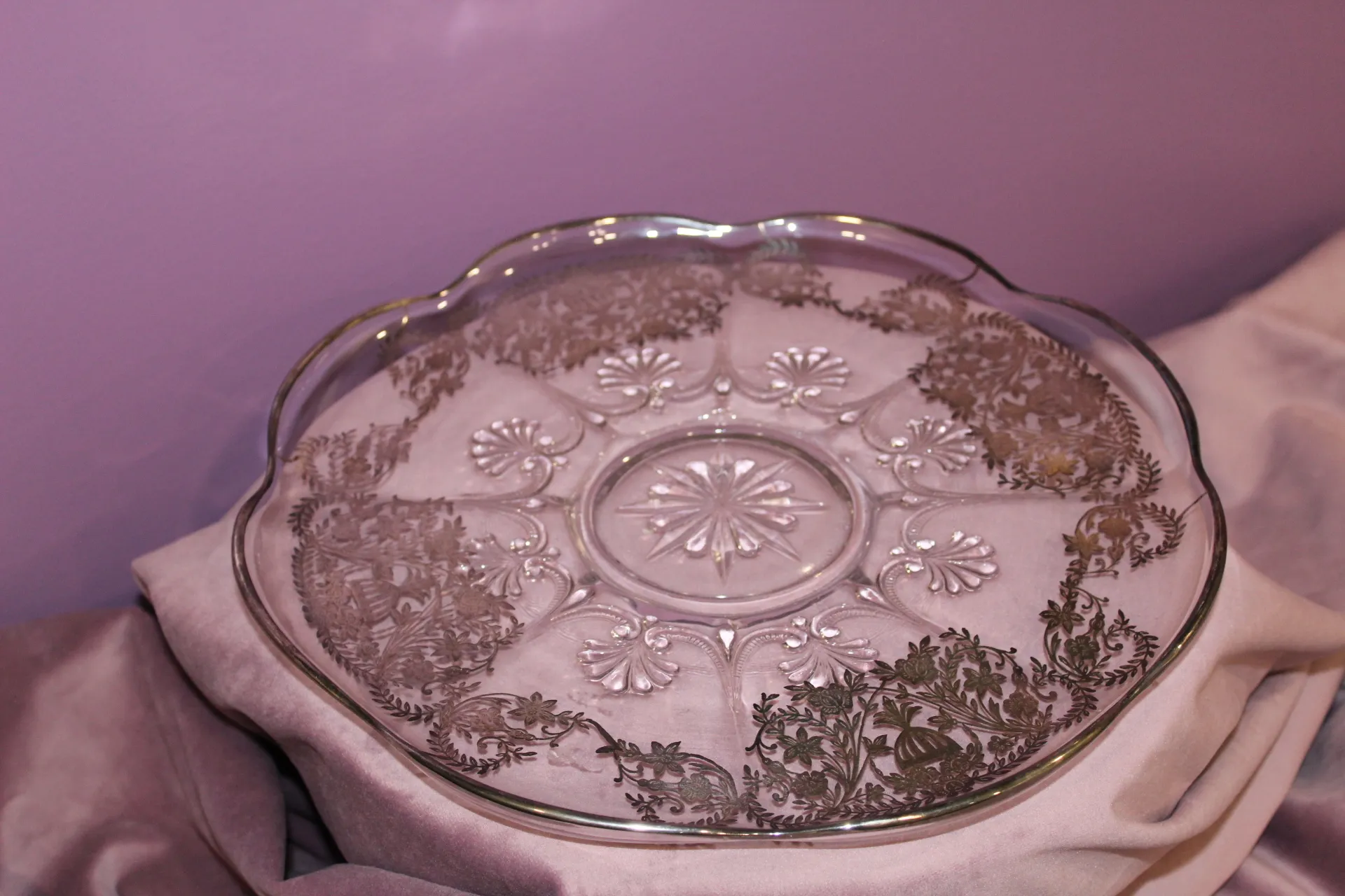 Vintage Glass Serving Platter with Silver Overlay Vines and Floral Design