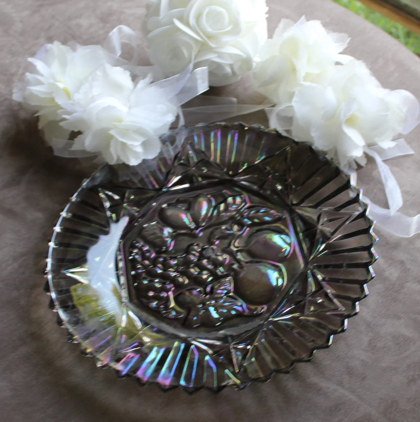Vintage Smoke Carnival Glass Plate - Iridescent Fruit Pattern