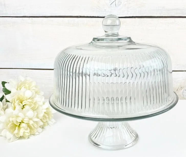 Mid-Century Cake Plate with Ribbed Glass Dome