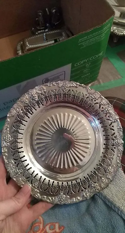 Polished silver plate with grape rim and cutouts - small