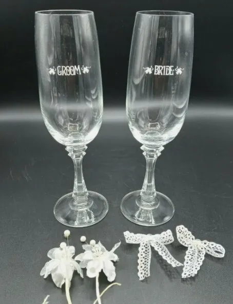 Love's Remembrance Bride and Groom Champagne Glasses - Vintage