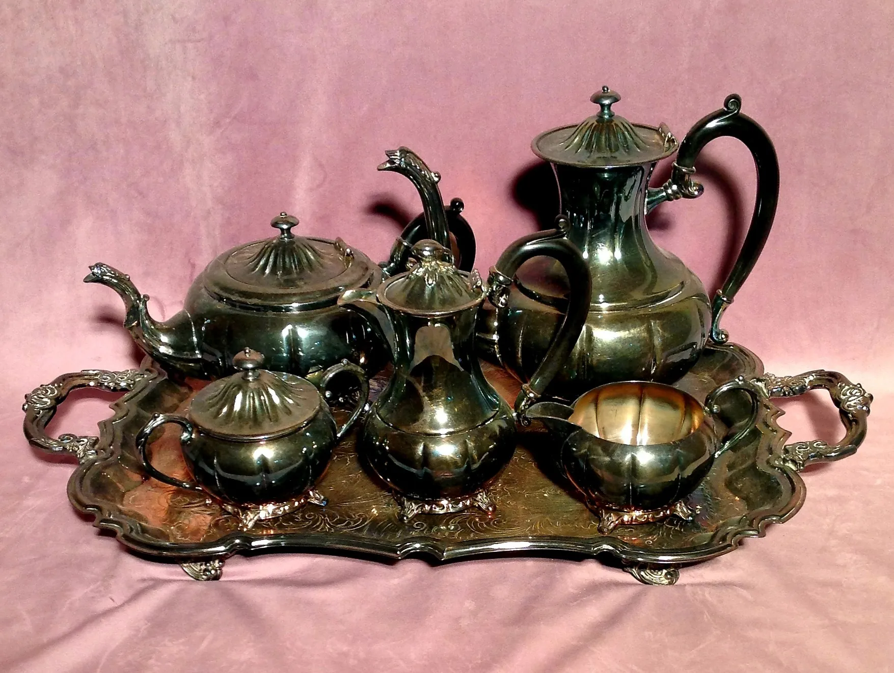 Tarnished Tea, Coffee, and Hot Chocolate Silver Serving Set