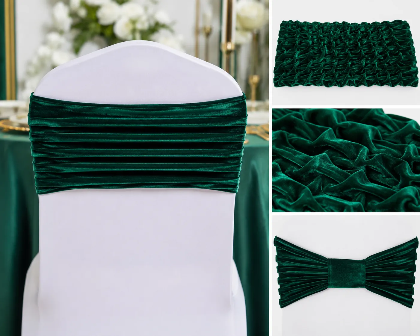 Velvet ruffle stretch chair band Emerald green