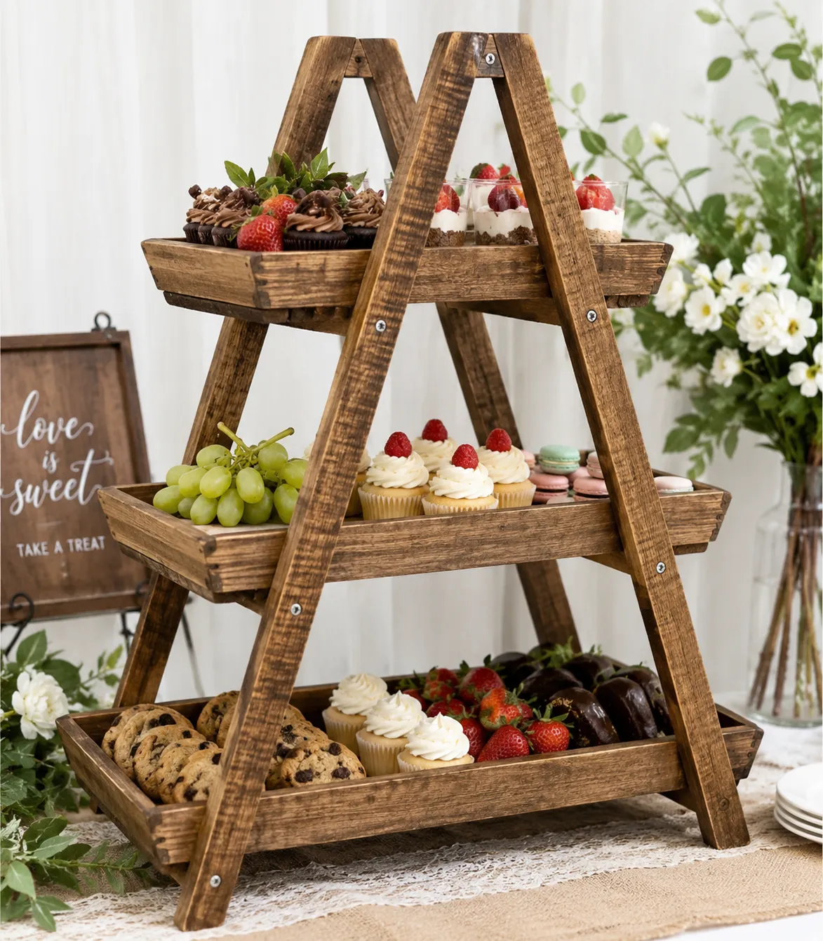 1pc Rustic Wooden 3-Tier Serving Tray -A frame Display Stand 
