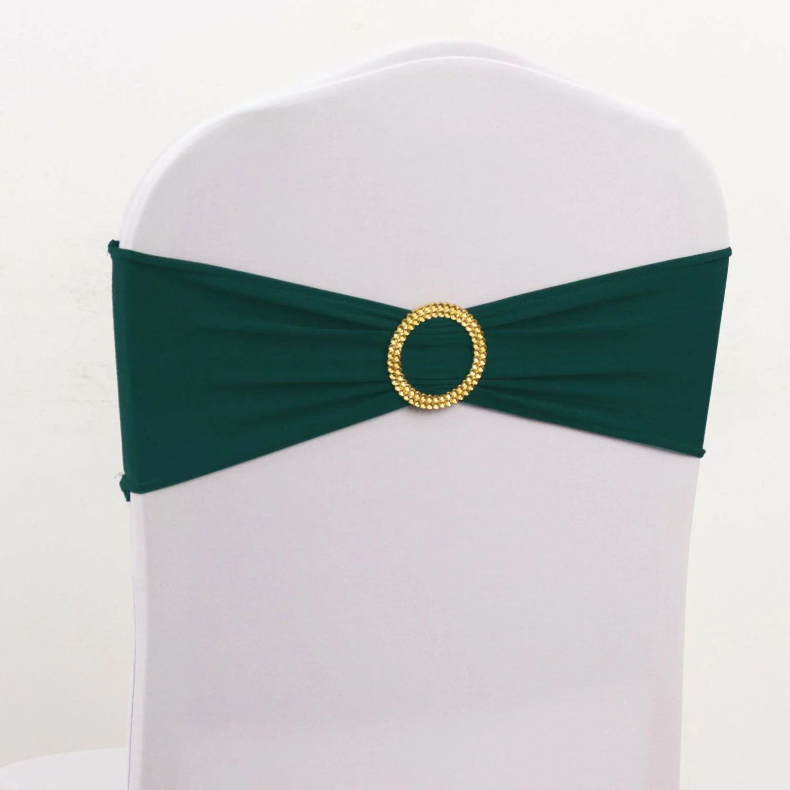  Hunter Emerald Green Spandex Chair Sashes with Gold Rhinestone Buckles, Elegant Stretch Chair Bands a