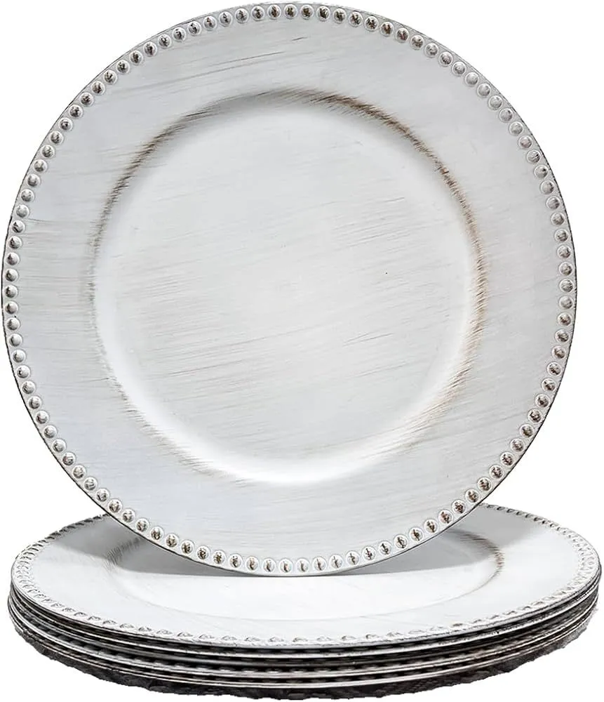 	 Pearlized White Plastic Charger Plates with Beaded Rims, 13 in.